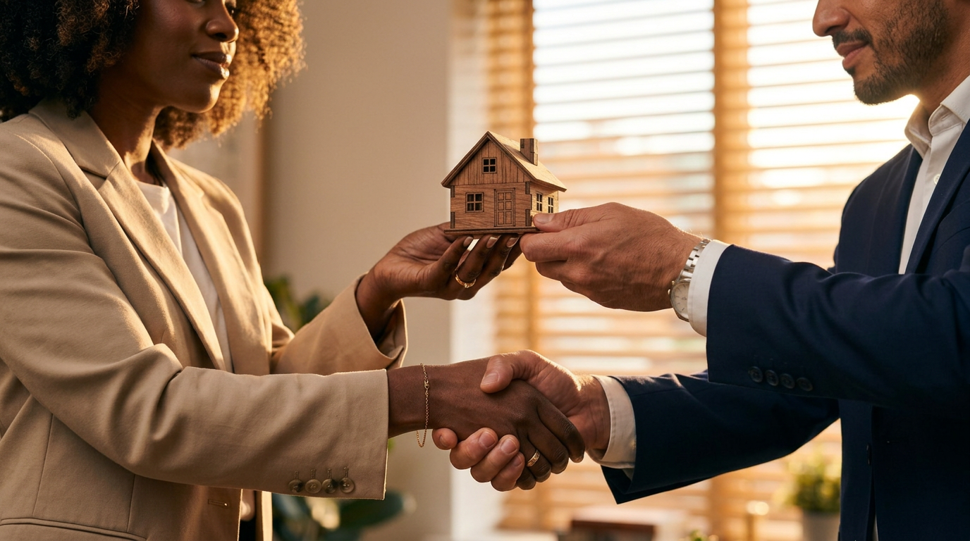 Two people shake hands as one passes a small wooden model house to the other